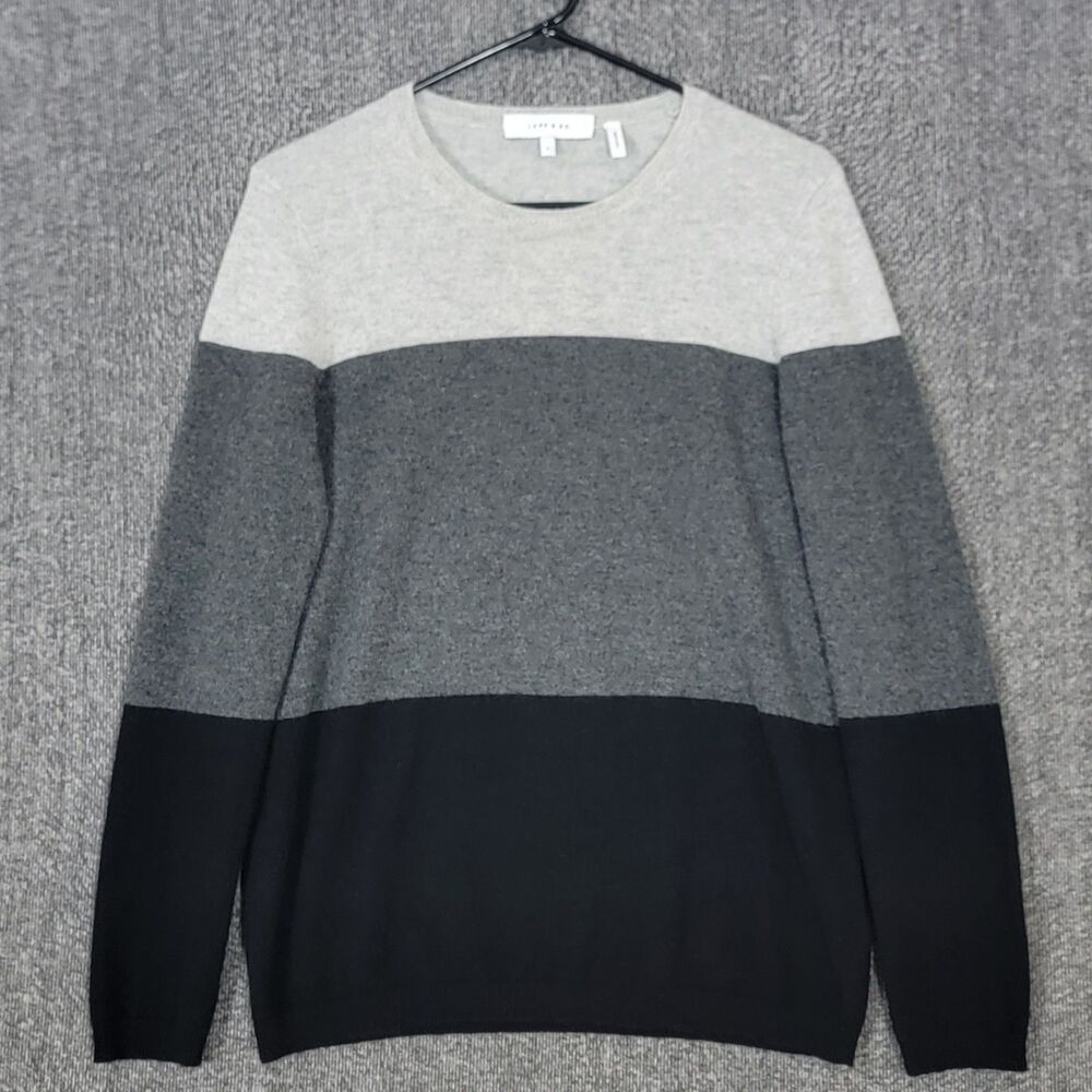LARK & RO Sweater Womens L Gray Black 3-Tone Colorblock 100% Cashmere Crewneck